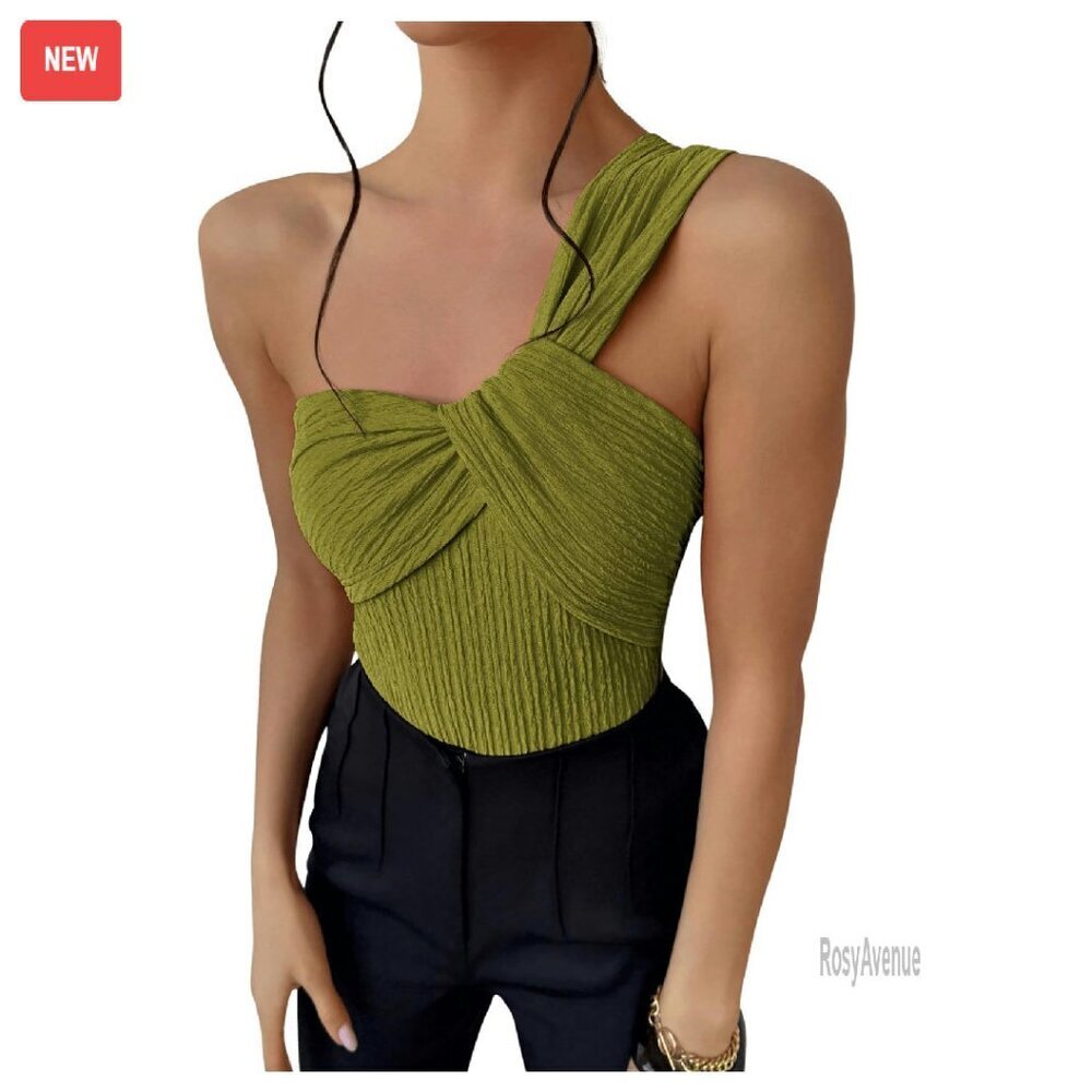 Textured One Shoulder Twist Front Ruched Bodysuit Tank Top Slim Fit
